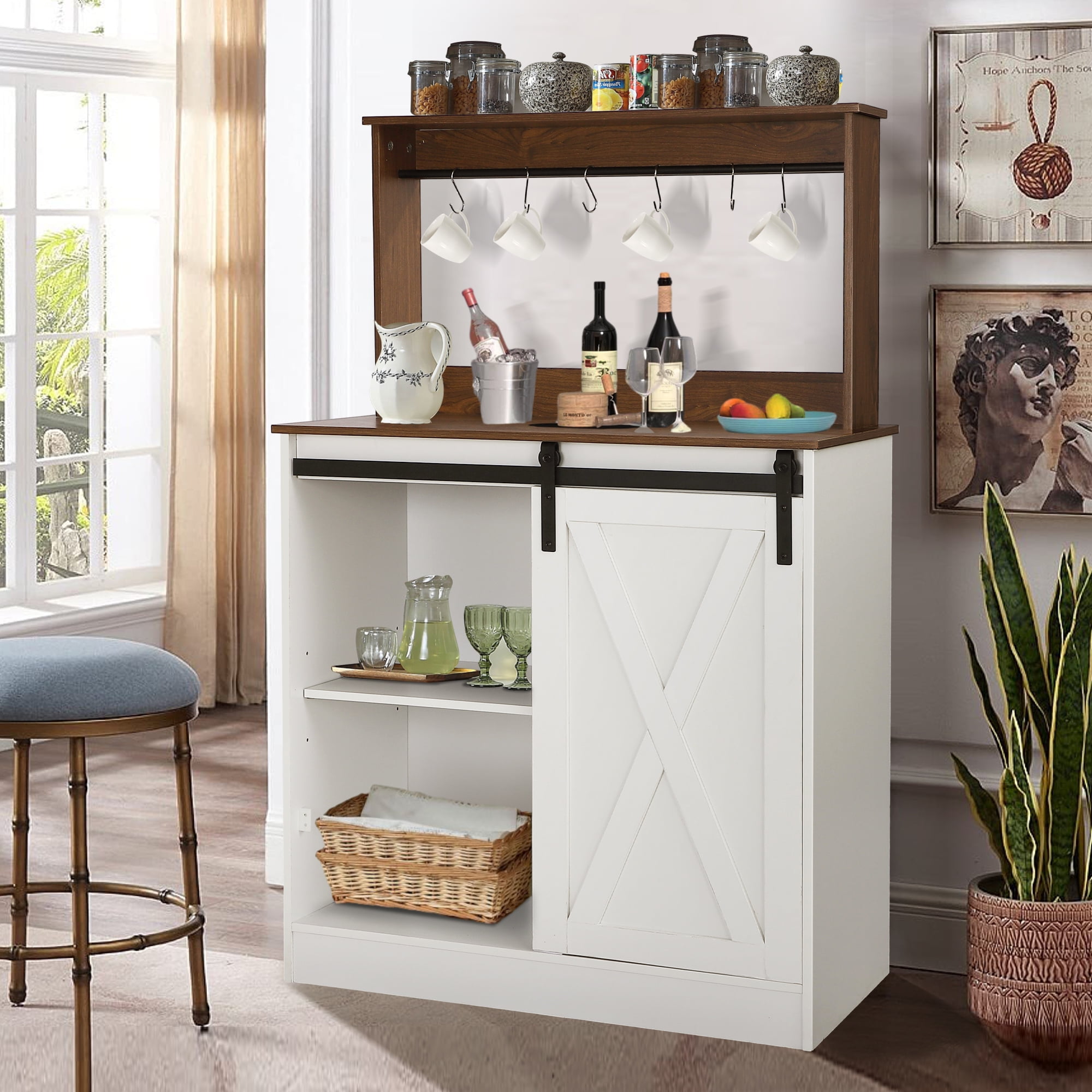 MAGIC UNION Farmhouse Coffee Bar Cabinet with 6 Hooks, 50" Coffee Bar Hutch with Sliding Barn Door, Coffee Bar Table with Adjustable Shelves, Wine Bar Cabinet with