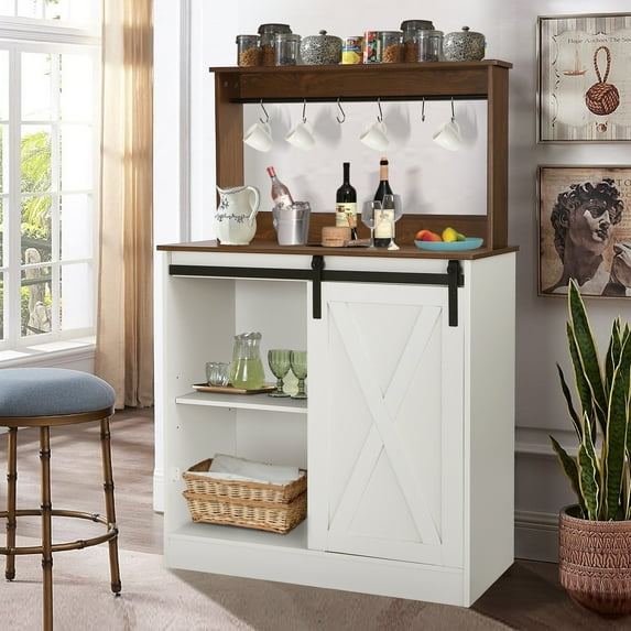 Magic Union Farmhouse Coffee Bar Cabinet with 6 Hooks,50" Coffee Bar Hutch with Sliding Barn Door,Coffee Bar Table with Adjustable Shelves,Wine Bar Cabinet with Storage for Living Dining Room, White