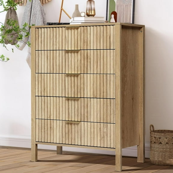 Magic Union Fluted 5 Drawers Dresser for Bedroom, Tall Chest of Drawers with Thick Plank Styling & Solid Wood Legs, Wooden Skinny Storage Dresser Organizer for Bedroom, Living Room, Hallway, Entryway