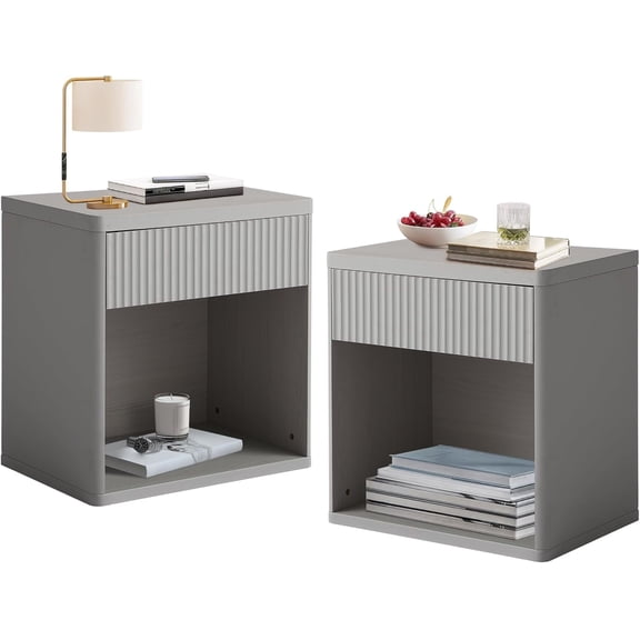 Magic Union Fluted Nightstand with Drawer Set of 2, 23" Modern Bedside Table with Open Cubby and Rounded Corner, Wide Mid Century Wood End Table Night Stand for Bedroom Living Room Sofa Office