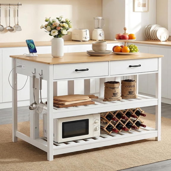 Magic Union Kitchen Island with Power Outlets, 47 Inches Width Kitchen Shelf with Large Worktop, Wooden Island Counter with Shelves, 2 Drawers, and 4 Hooks for Living Room, White and Natural