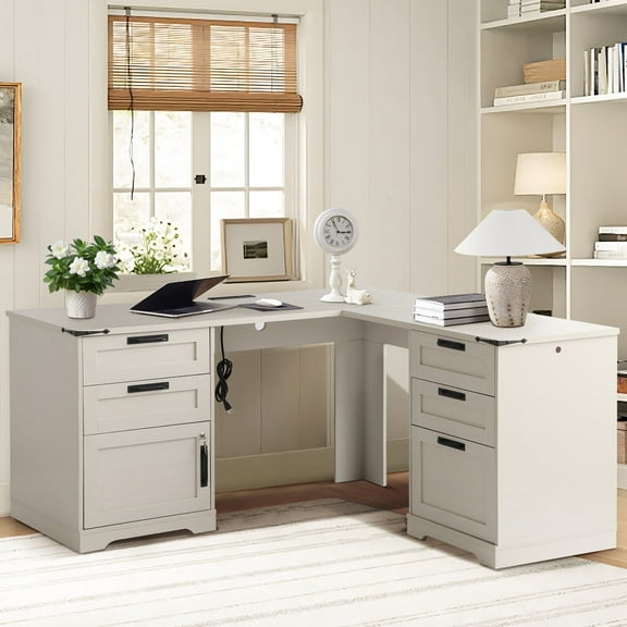 Magic Union L Shaped Executive Desk with Drawers, Home Office Desks with Charging Station, File Drawer, Lockable Adjustable Storage Cabinet, Large Corner Computer Table for Work And Study