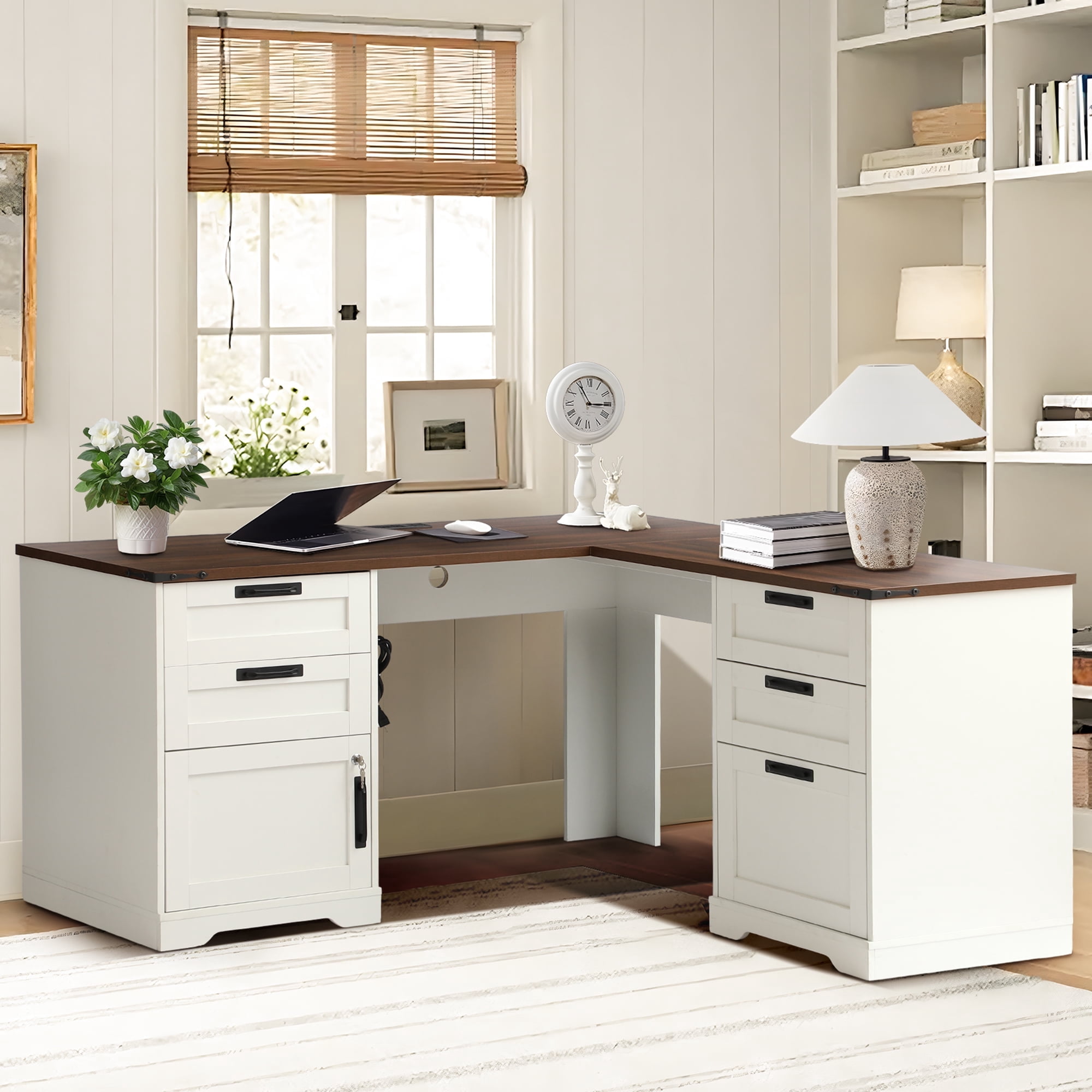 Magic Union L Shaped Executive Desk with Drawers, Home Office Desks with Charging Station, File Drawer, Lockable Adjustable Storage Cabinet, Large Corner Computer Table for Work And Study