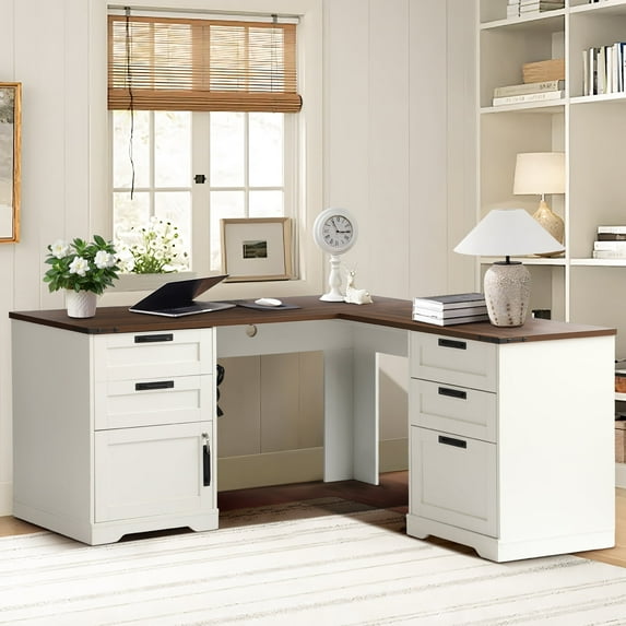 Magic Union L Shaped Executive Desk with Drawers, Home Office Desks with Charging Station, File Drawer, Lockable Adjustable Storage Cabinet, Large Corner Computer Table for Work And Study