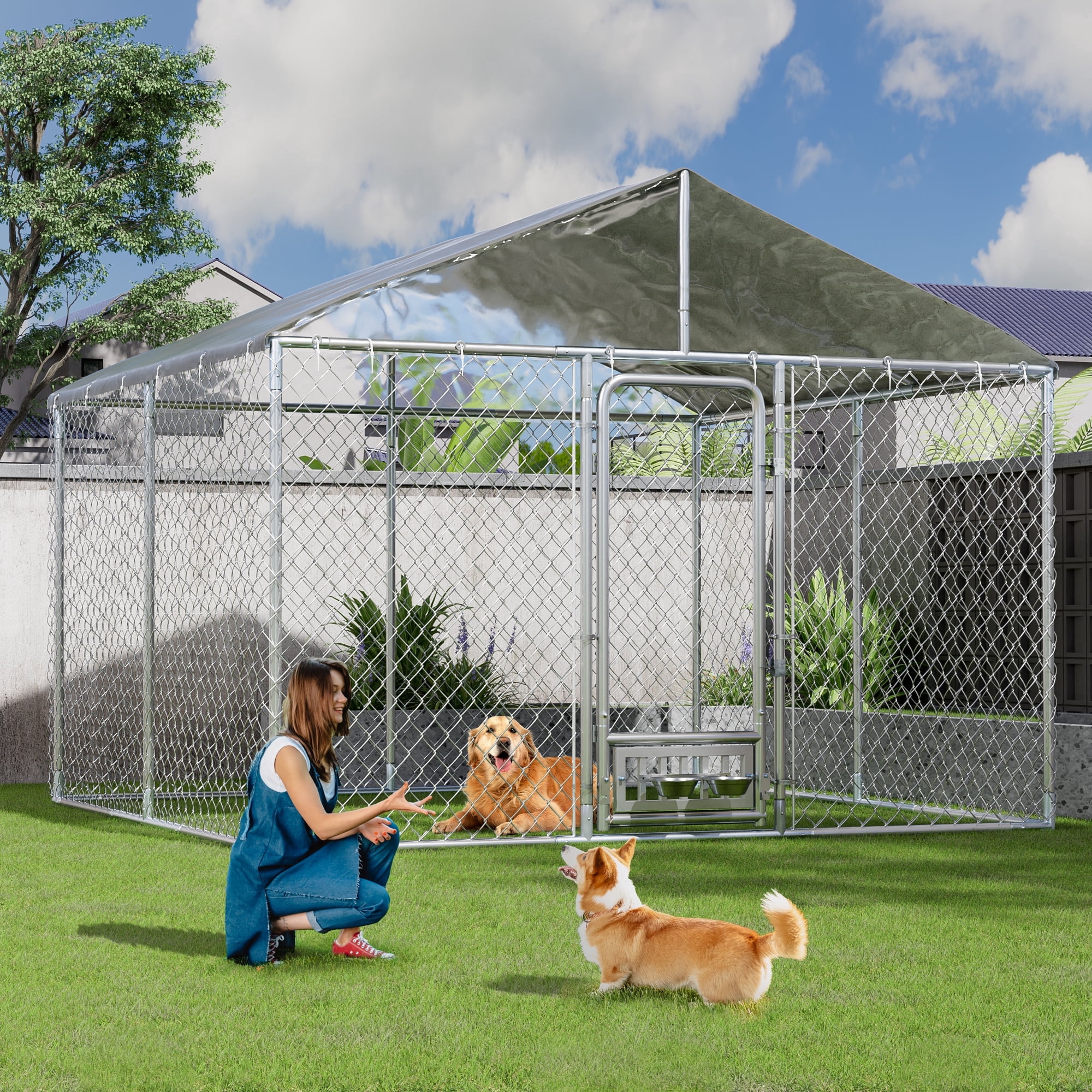 Magic Union Large Dog Kennel with Rotating Feeder Bowls, Outdoor 9.8'x9.8' Heavy Duty Dog Cage Enclosures, Dog Pens Fence with Waterproof UV-Resistant Cover and Secure Lock
