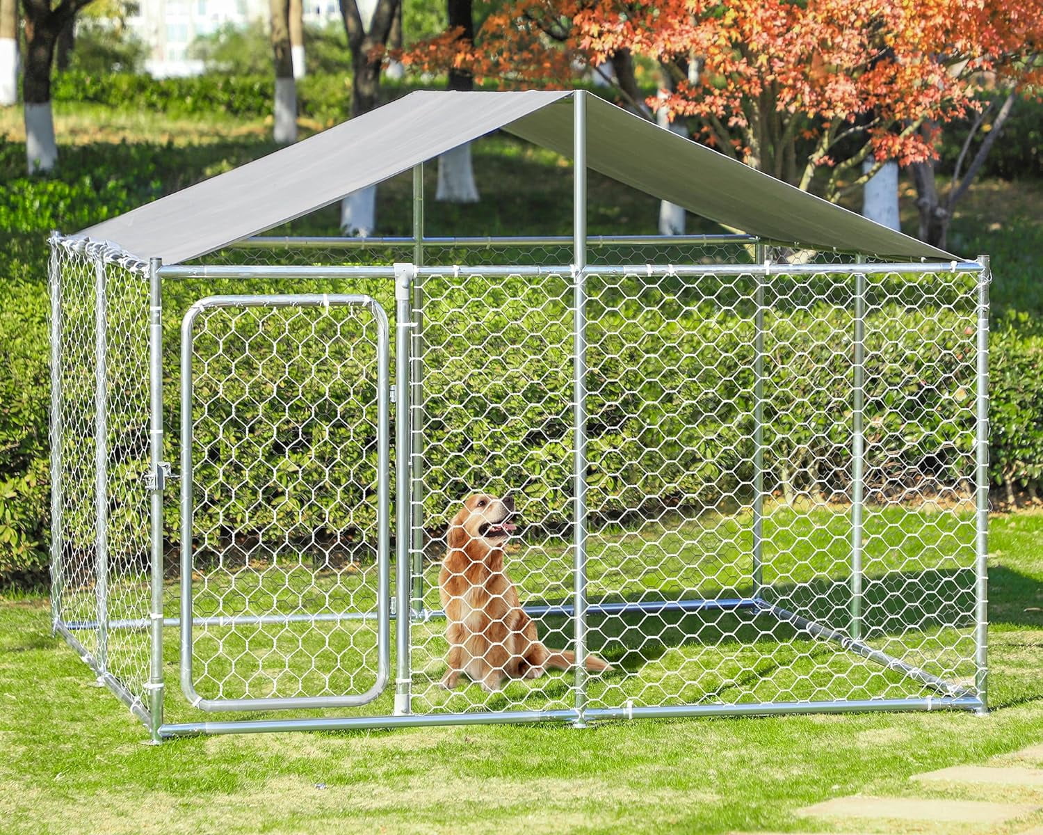 Magic Union Large Outdoor Dog Kennel, Heavy Duty Outside Dog Kennel Cage Playpen Dogs Run with Waterproof UV-Resistant Cover and Secure Lock (90"x90"x63")