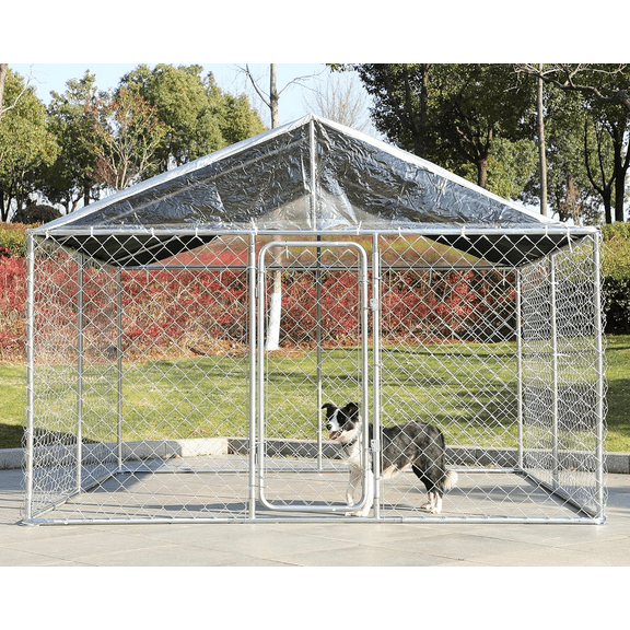 Magic Union Larger Size Metal Dogs Kennels Outdoor, 118'' L x 118'' W x 83'' H,Waterproof Anti-Ultraviolet roof Cover, Galvanized Steel Cage Fence Dog Playpen,Lockable Door for Outside Backyard Farm
