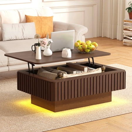 Magic Union Lift Top Coffee Table with LED Light, Rectangle Extendable Wood Coffee Table w/Hidden Storage & Charging Station, Living Room Solid Wood Veneered Fluted Center Tea Table