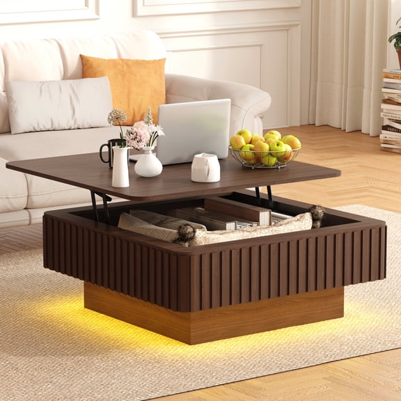 Magic Union Lift Top Coffee Table with LED Light, Square Extendable Wood Coffee Table w/Hidden Storage & Charging Station, Living Room Solid Wood Veneered Fluted Center Tea Table