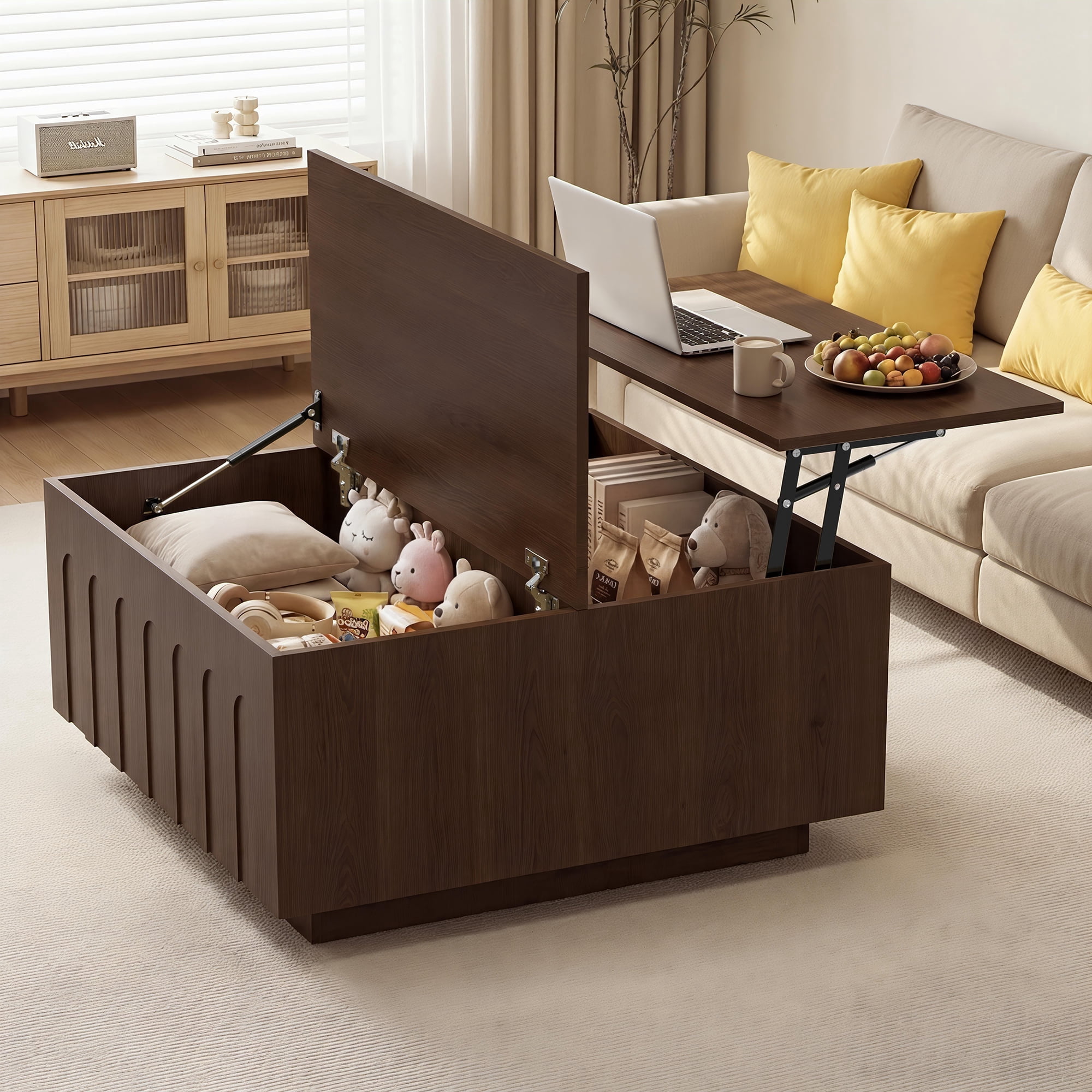 Magic Union Lift Top Coffee Table with Storage for Living Room, Fluted ...