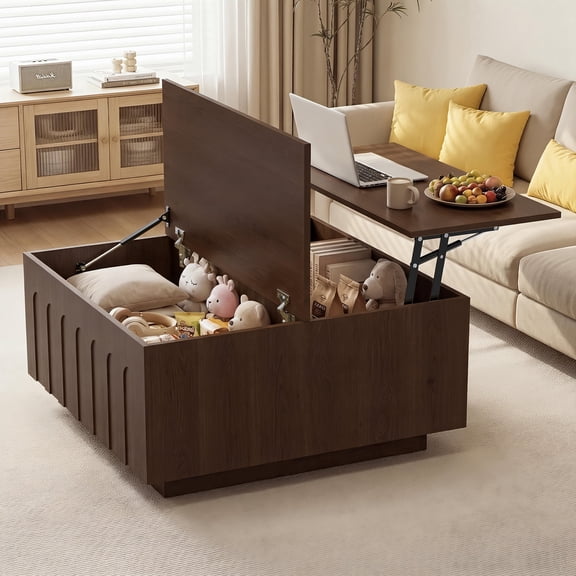 Magic Union Lift Top Coffee Table with Storage for Living Room, Fluted Mid Century Modern Square Coffee Table with Flip-Up Lids, 31.5" Rustic Wood Center Table with Hidden Compartment,Brown