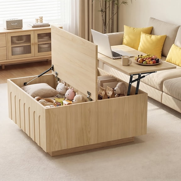 Magic Union Lift Top Coffee Table with Storage for Living Room, Fluted Mid Century Modern Square Coffee Table with Flip-Up Lids, 31.5" Rustic Wood Center Table with Hidden Compartment, Natural Oak
