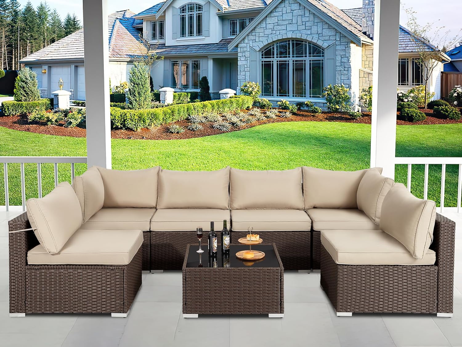 Rattan Corner Sofa Sofa Outdoor Dining Set 7-Piece Outdoor Patio