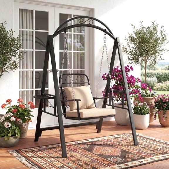 Magic Union Outdoor Porch Single Swing with Stand for Adults, 350lbs Heavy-Duty Metal Frame, Thickened Cushions & Pillows, Built-in Cup Holders for Garden Patio Balcony Poolside, Easy Assembly