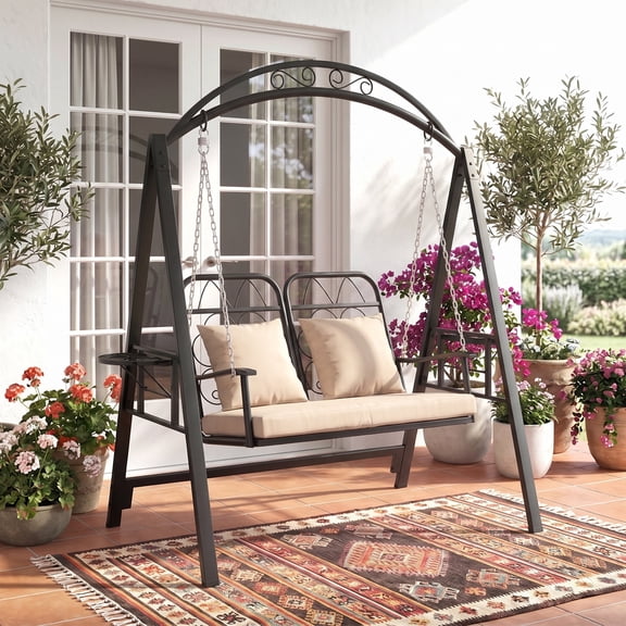 Magic Union Outdoor Porch Single Swing with Stand for Adults, 700lbs Heavy-Duty Metal Frame, Thickened Cushions & Pillows, Built-in Cup Holders for Garden Patio Balcony Poolside, Easy Assembly