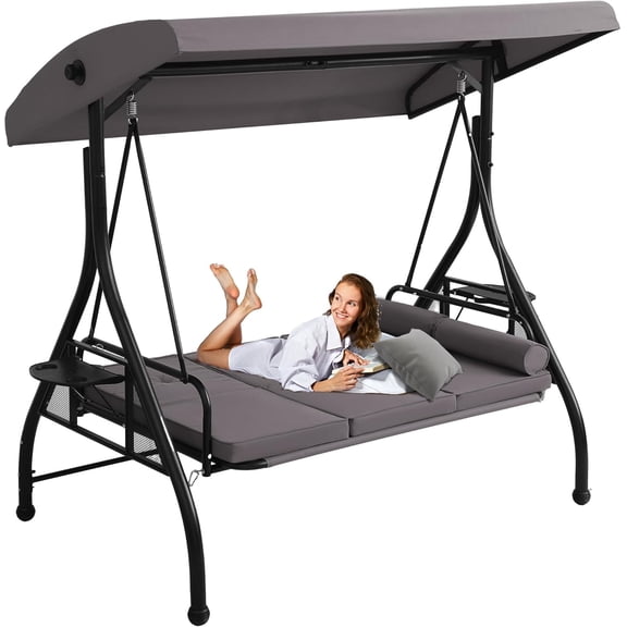Magic Union Outdoor Porch Swing with Canopy, 3 Person Patio Porch Swing Chairs with Stand, Porch Bed Swing with Removable Cushion for Patio, Garden, Poolside,Gray