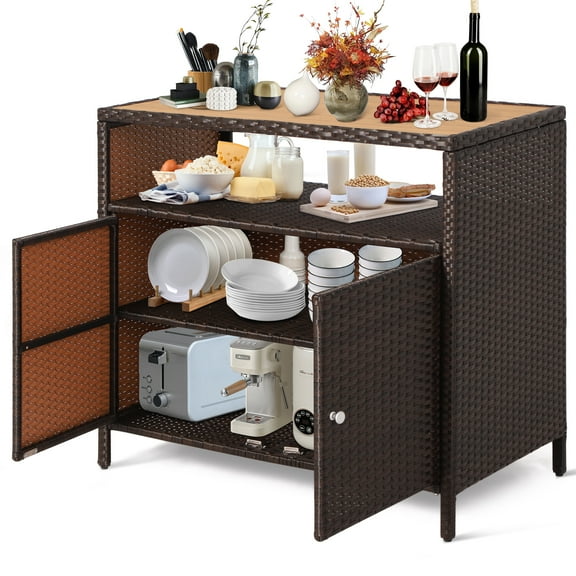 Magic Union Outdoor Rattan Storage Cabinet, Patio Bar Table with 2-Door and Shelf, Outdoor Buffet Cabinet with Wood Countertop, Weatherproof Wicker Storage Console Table for Patio Pool Garden, Brown