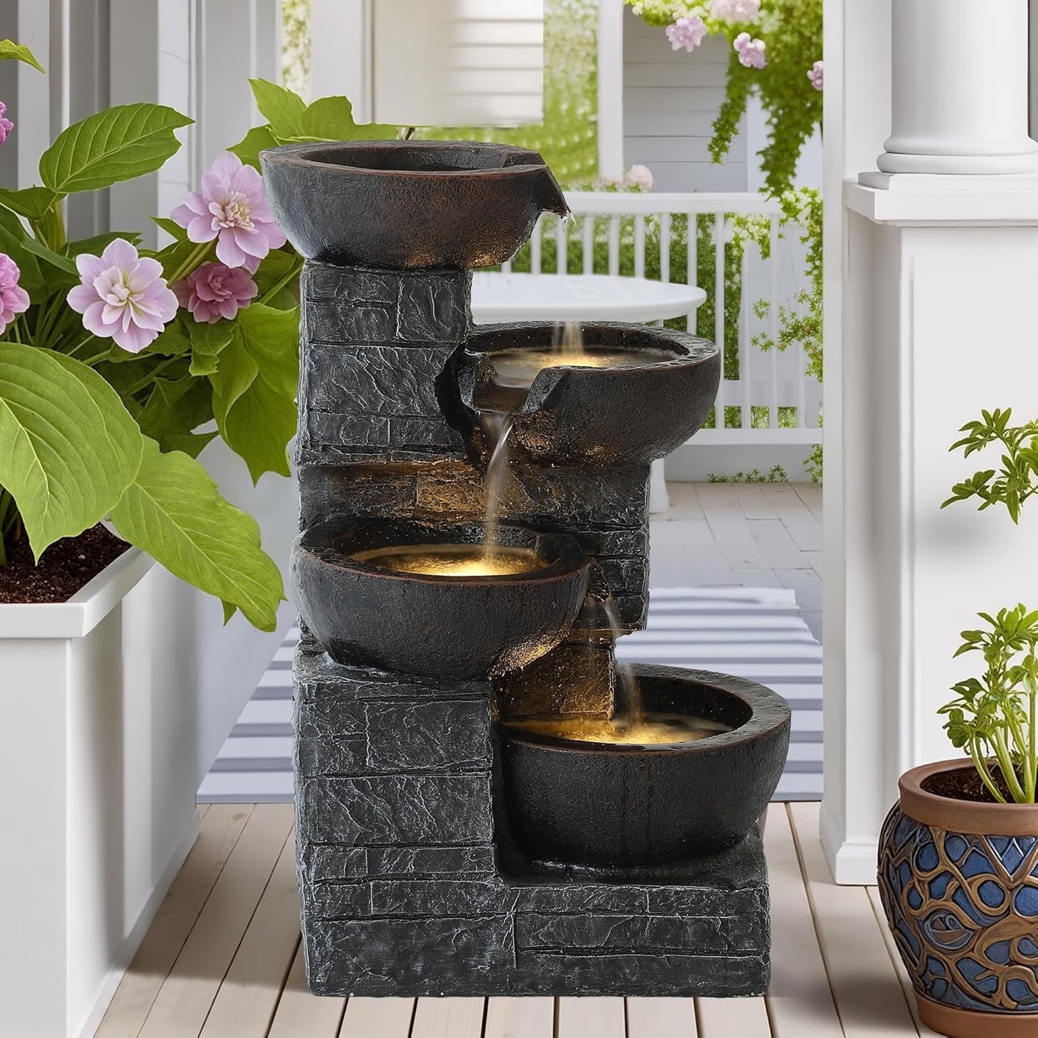 Magic Union Outdoor Water Fountain, 4-Tier Cascading Rock Bowls Waterfall Fountains w/LED Lights for Garden Yard Decor, Indoor Floor-Standing Resin Water Feature for Patio Deck Porch and Home