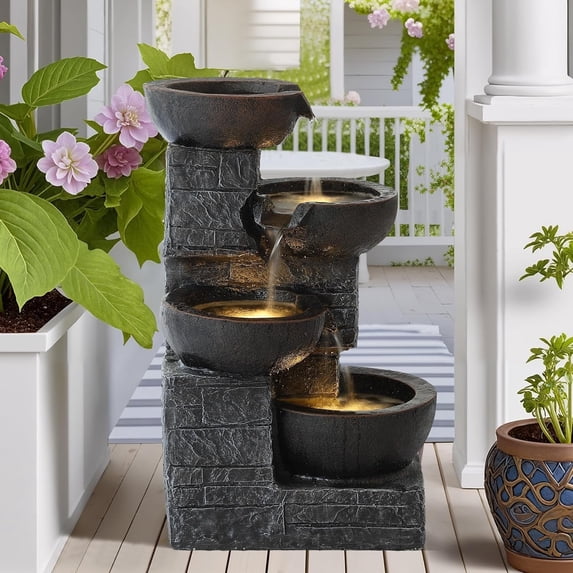 Magic Union Outdoor Water Fountain, 4-Tier Cascading Rock Bowls Waterfall Fountains w/LED Lights for Garden Yard Decor, Indoor Floor-Standing Resin Water Feature for Patio Deck Porch and Home