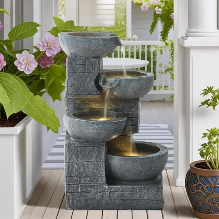 Magic Union Outdoor Water Fountain, 4-Tier Cascading Rock Bowls Waterfall Fountains w/LED Lights for Garden Yard Decor, Indoor Floor-Standing Resin Water Feature for Patio Deck Porch and Home