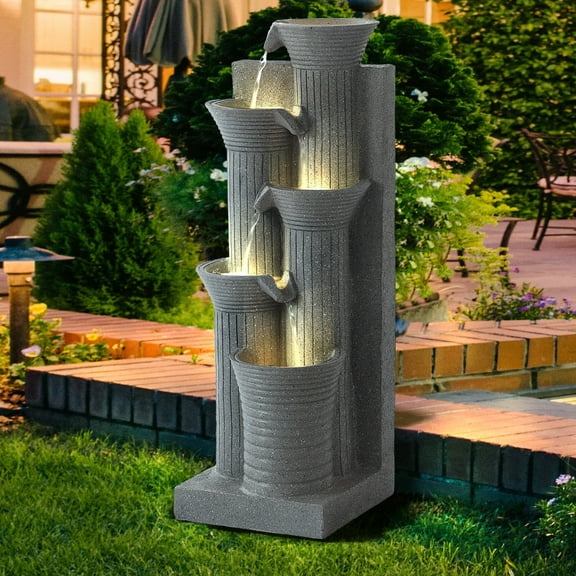 Magic Union Outdoor Water Fountain, 5 Tiers Cascading Waterfall Indoor Water Feature Garden Decor with LED Lights, Fountains Outside Patio Resin for Yard, Deck, Porch and Home, Bamboo Elements