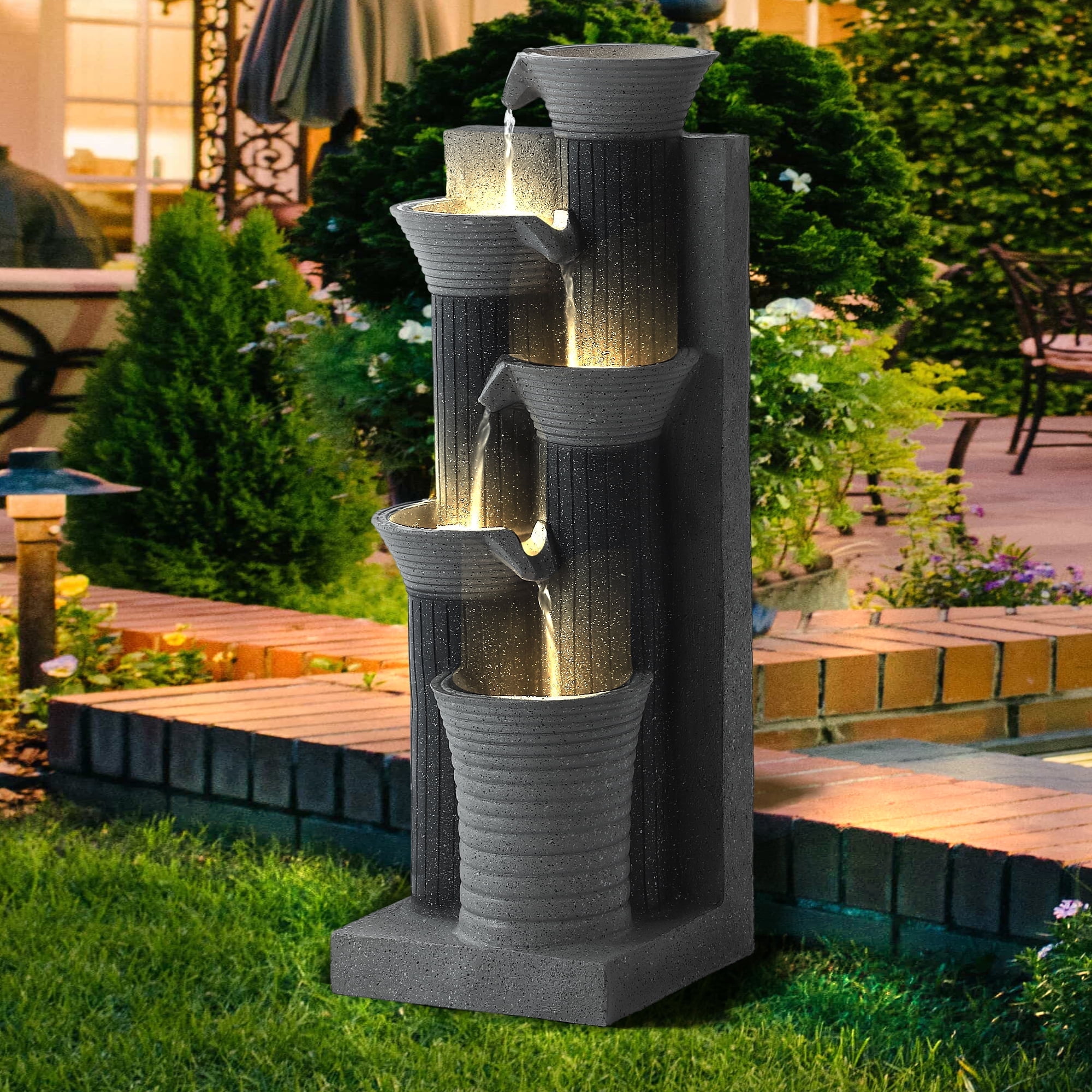 Magic Union Outdoor Water Fountain, 5 Tiers Cascading Waterfall Indoor Water Feature Garden Decor with LED Lights, Fountains Outside Patio Resin for Yard, Deck, Porch and Home, Bamboo Elements