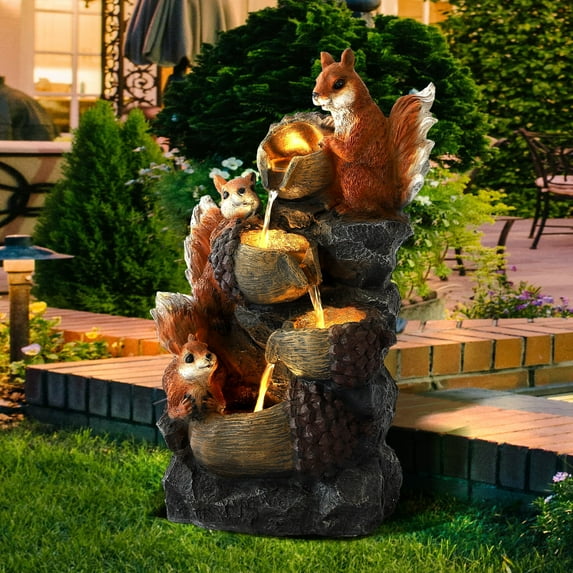 Magic Union Outdoor Water Fountain, Waterfall Indoor Outside Cascading Rock Fountain Garden Decor with Squirrels Decorations, 3 Pinecone-Shaped Rocks Patio Resin Fountains for Yard, Porch and Home