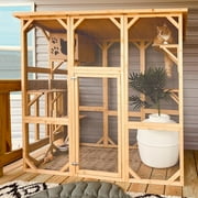 Magic Union Outdoor Wooden Cat House Large Cat Enclosures Kitten Cage with Weather Protection, Cat Catio with 6 Platforms and Extra Cat Hiding,Natural