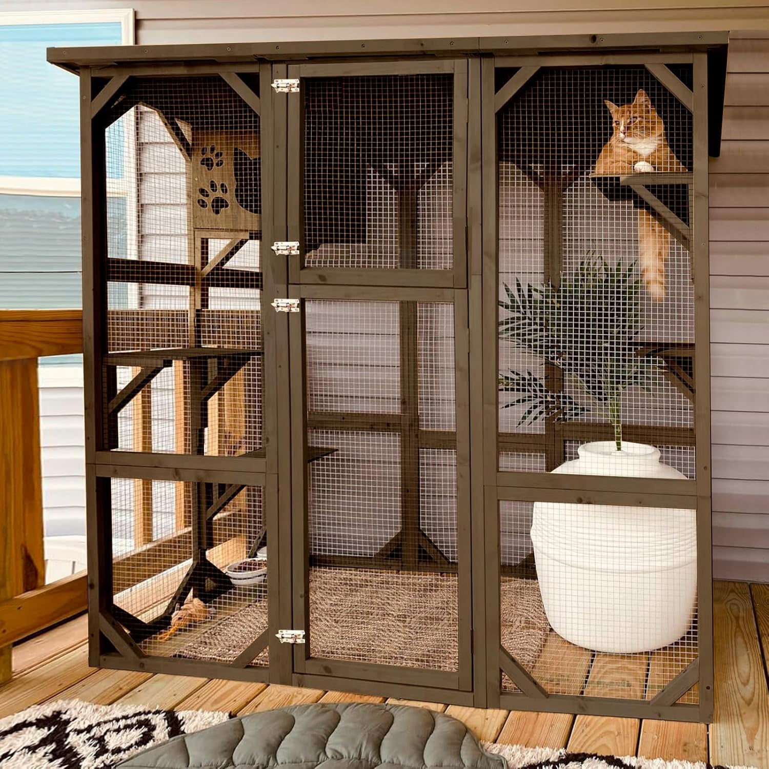 Magic Union Outdoor Wooden Cat House Large Cat Enclosures Kitten Cage with Weather Protection, Cat Catio with 6 Platforms and Extra Cat Hiding,Brown