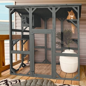 Magic Union Outdoor Wooden Cat House Large Cat Enclosures Kitten Cage with Weather Protection, Cat Catio with 6 Platforms and Extra Cat Hiding,Gray