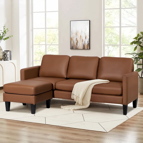 Magic Union PU Leather Convertible Sectional Couch Sofa, L-Shape Sectional Sofa with Chaise Reversible, 3-Seat Modern Small Couches for Living Room,Brown