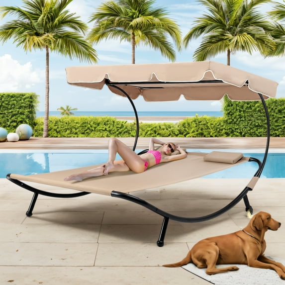 Magic Union Patio Double Chaise Lounge Bed, Outdoor Wheeled Hammock Daybed with Adjustable Canopy and Headrest Pillow, Patio Portable Leisure Daybed Lounge for Sun Room, Garden, or Poolside, Khaki