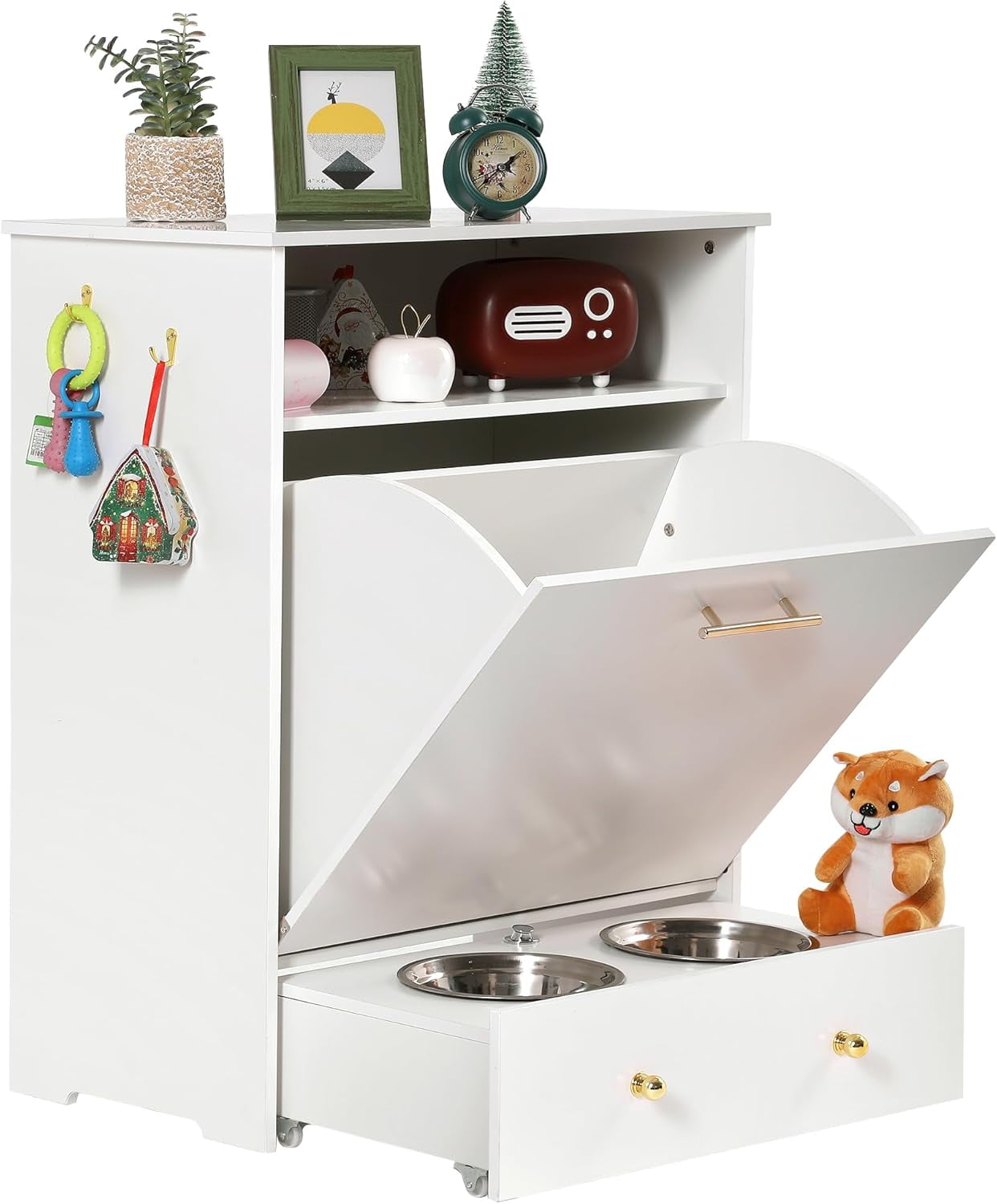 Magic Union Pet Feeder Station Storage Cabinet, Dog Food Storage Container with Dog Raised Bowls and Hanger for Feeding & Watering Supplies, White - Walmart.com
