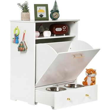 Magic Union Pet Feeder Station Storage Cabinet, Dog Food Storage Container with Dog Raised Bowls and Hanger for Feeding & Watering Supplies, White