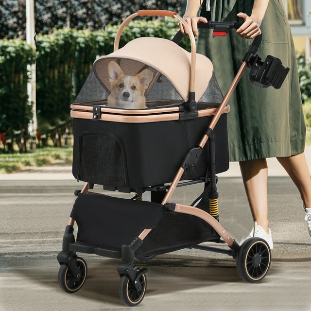 Magic Union Pet Stroller 3 in 1 Multifunction, 4 Wheels Dog Cat Stroller with Cup Holder for Small Medium Dogs Cats, Foldable Pet Travel Carrier with Detachable Carrier and Storage Basket, Black