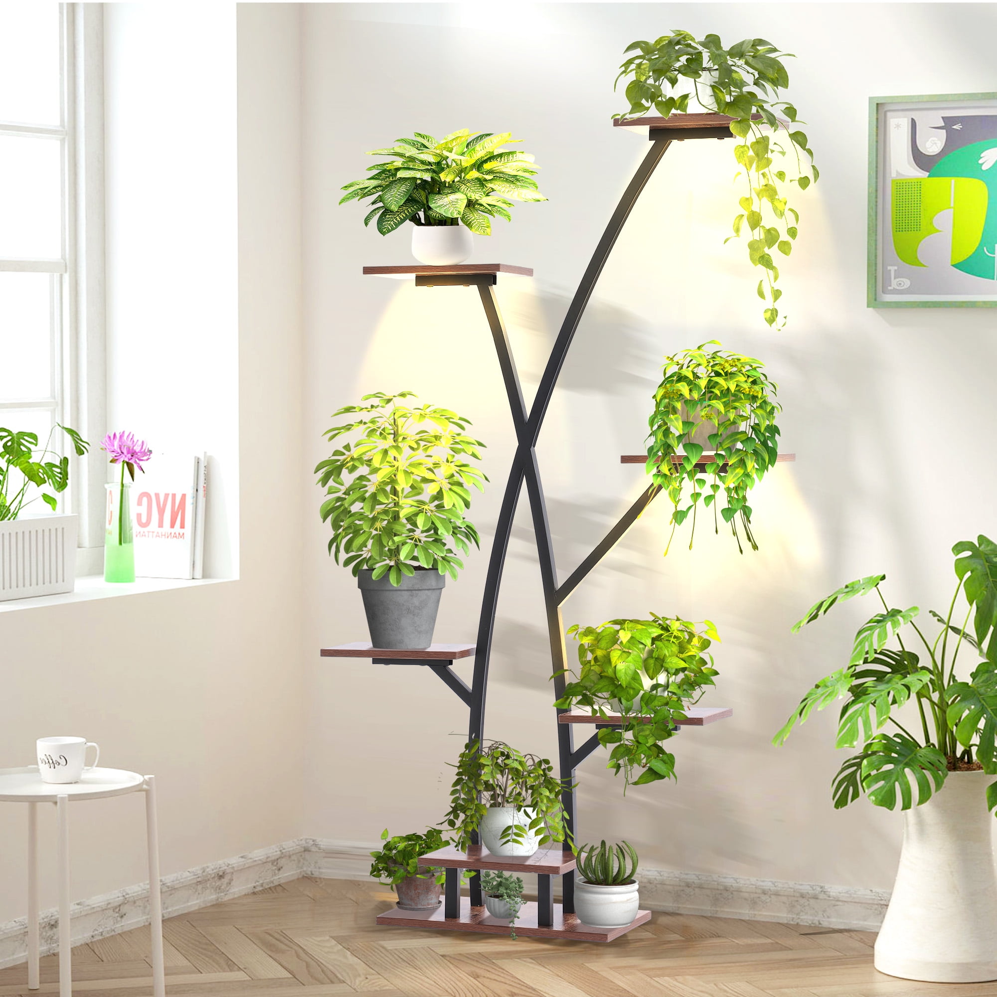 60" Black and Oak 7-Tier Indoor Plant Stand with Grow Lights
