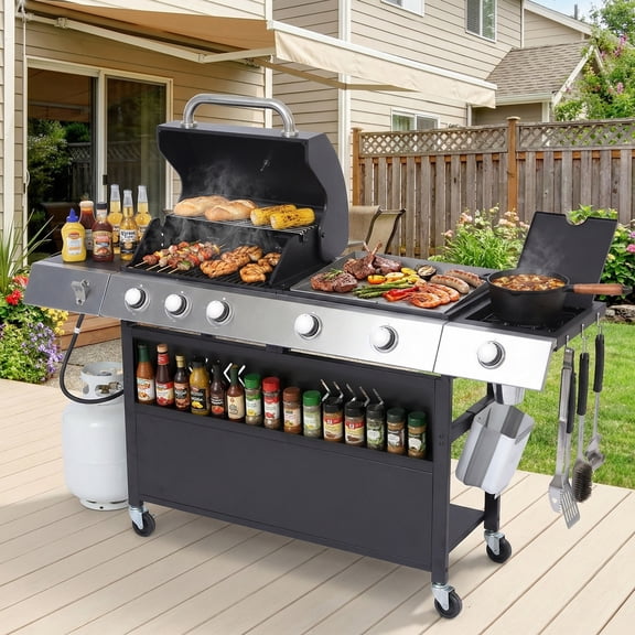 Magic Union Propane Gas Grill and Flat Top Griddle Combo, 58000 BTU Dual Outdoor BBQ Station with Side Burner, Enameled Cast Iron Grates & Pan, Easy-Clean Grease Management, 628 sq.in Cooking Area