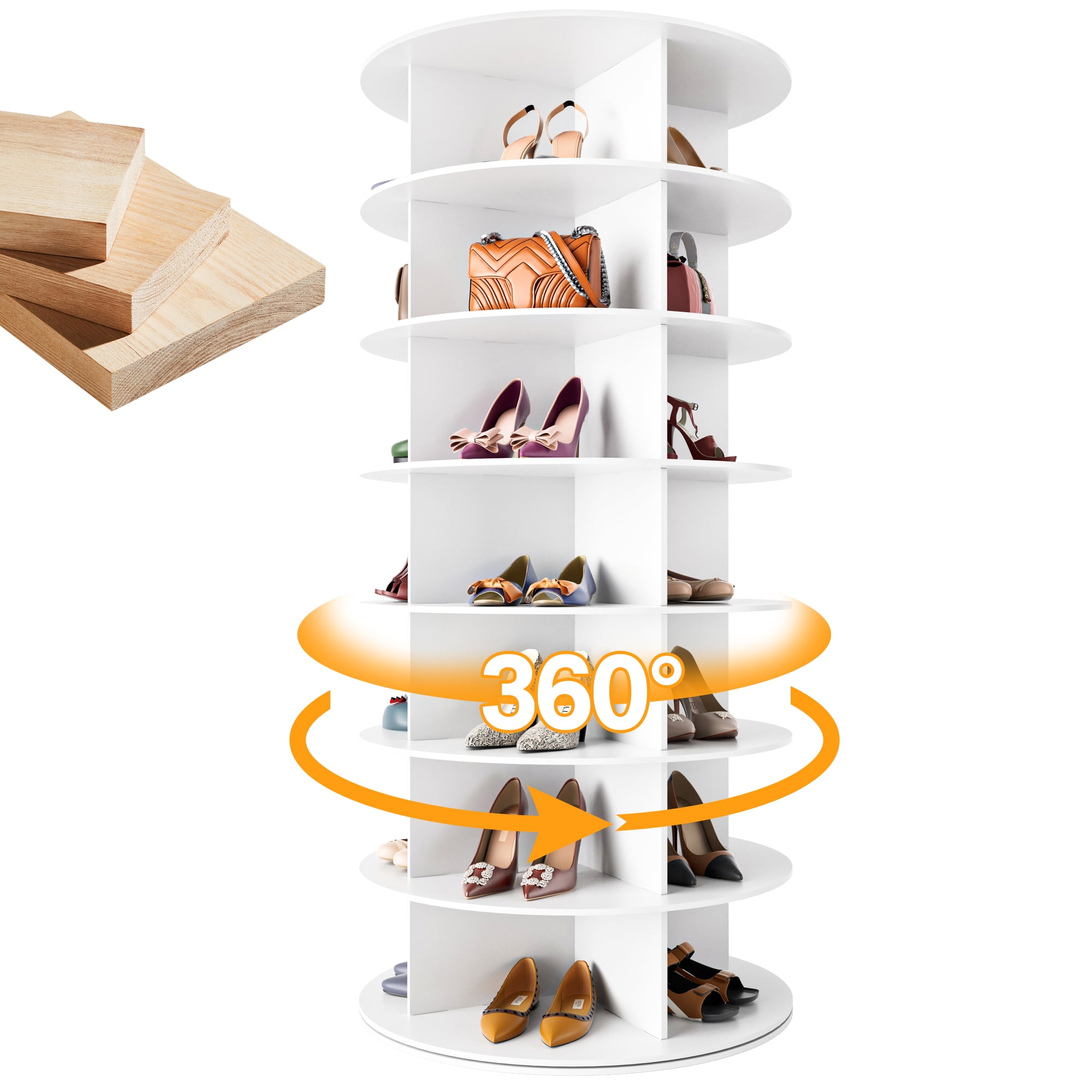 Magic Union Rotating Shoe Rack Tower 7 Tier Organizer, Vertical Spinning MDF Shoe Display Lazy Susan, Revolving 360 White Shoe Rack Storage Round Carousel, Rotate Shoes Closet Organization