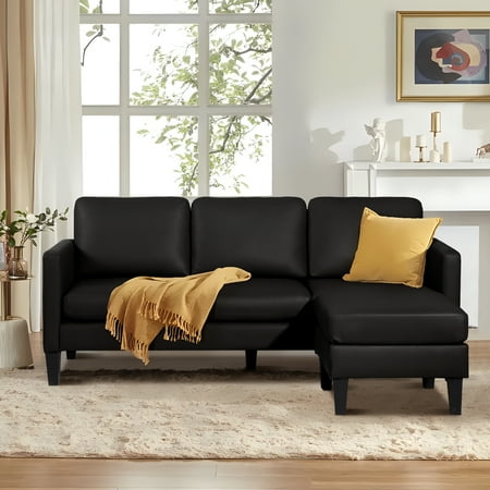 Magic Union Sectional Sofa,Faux Leather Mid-Century Modern Reversible Couch,L Shaped 3-Seat Sofa Couch with Chaise for Living Room,Apartment and Small Space,Black