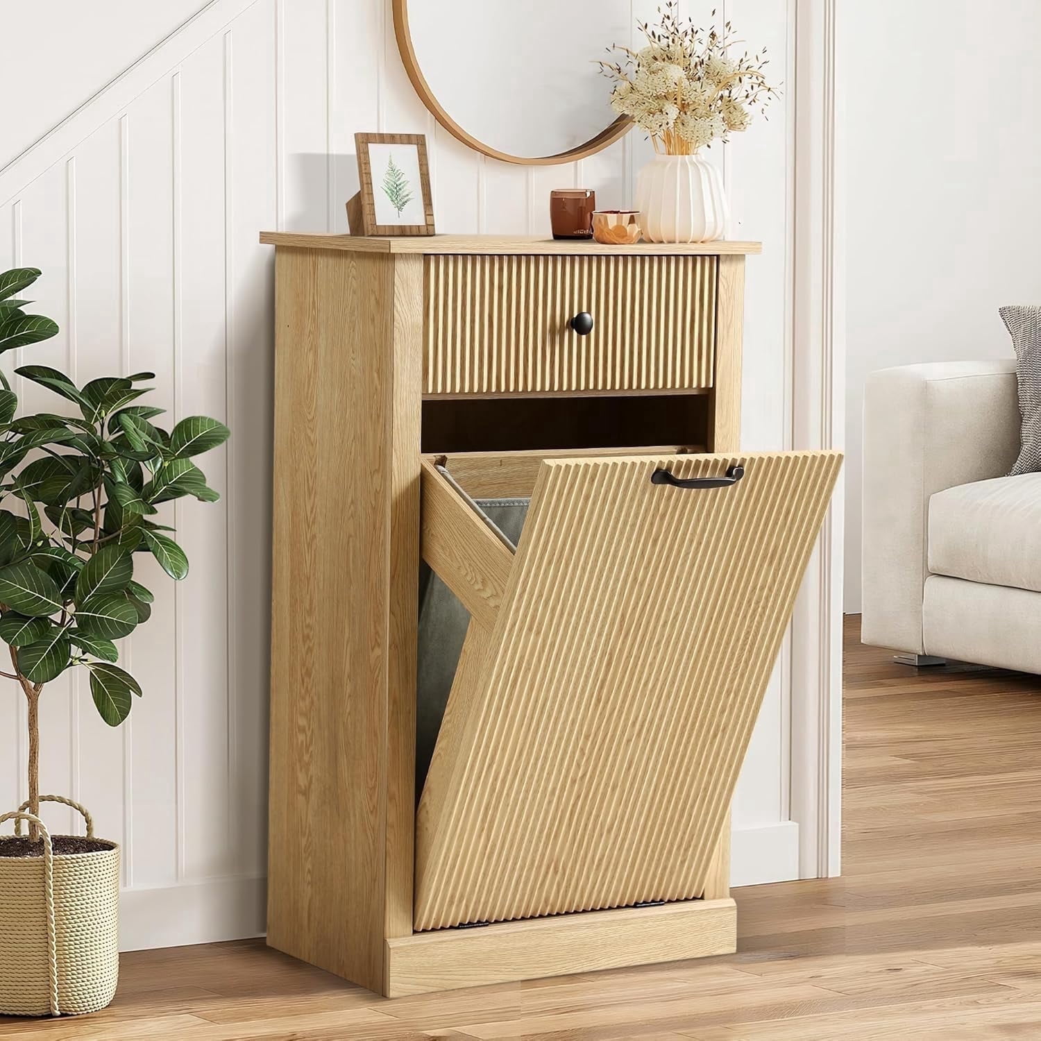 Magic Union Tilt Out Fluted Laundry Hamper Cabinet, 11 Gallon Hidden Laundry Hamper, Wooden Trash Can Cabinets with Drawer, Modern Garbage Can Cabinet for Bathroom, Kitchen, Living Room