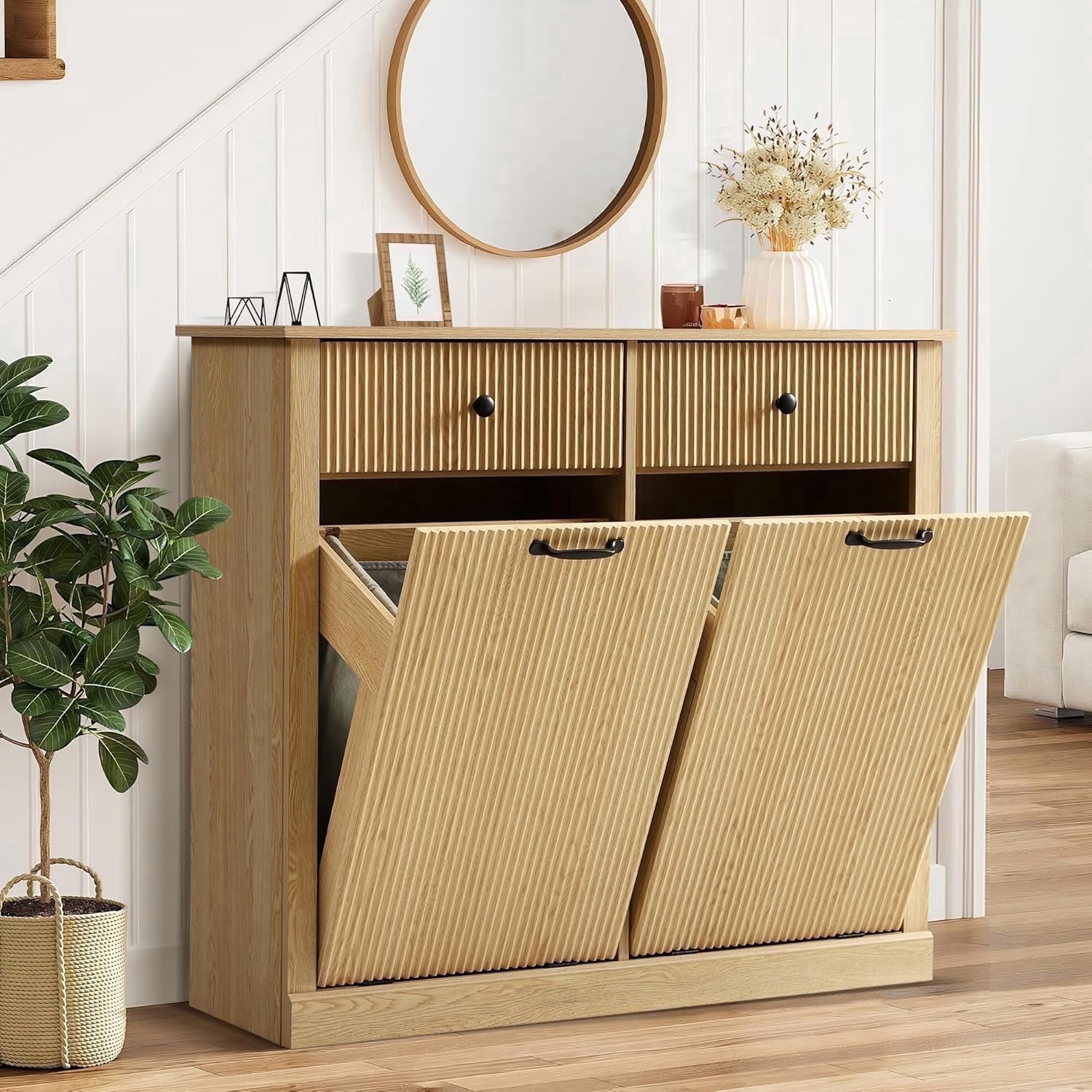 Magic Union Tilt Out Fluted Laundry Hamper Cabinet, 22 Gallon Double Hidden Laundry Hamper, Wooden Trash Can Cabinets with 2 Drawers, Modern Garbage Can Cabinet for Bathroom, Kitchen