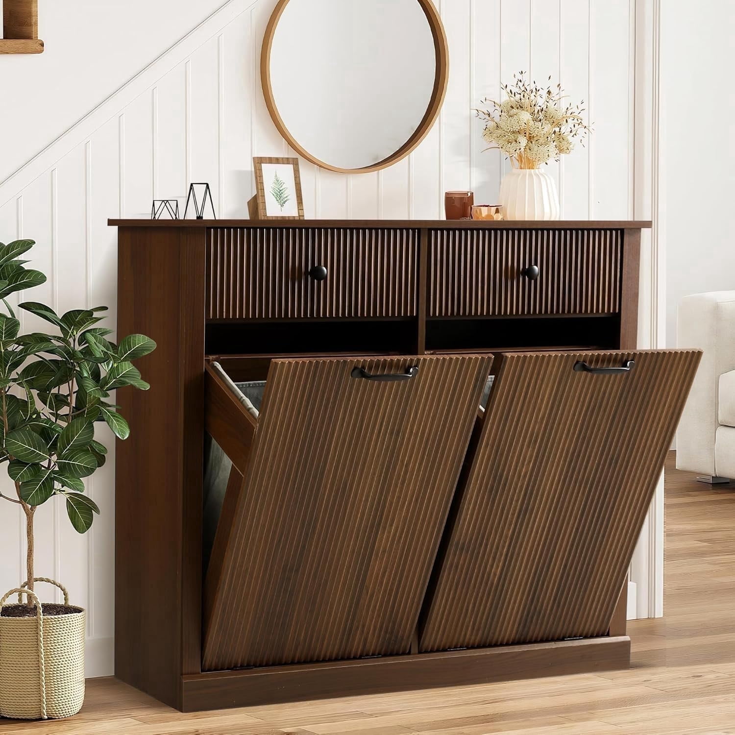 Magic Union Tilt Out Fluted Laundry Hamper Cabinet, 22 Gallon Double Hidden Laundry Hamper, Wooden Trash Can Cabinets with 2 Drawers, Modern Garbage Can Cabinet for Bathroom, Kitchen