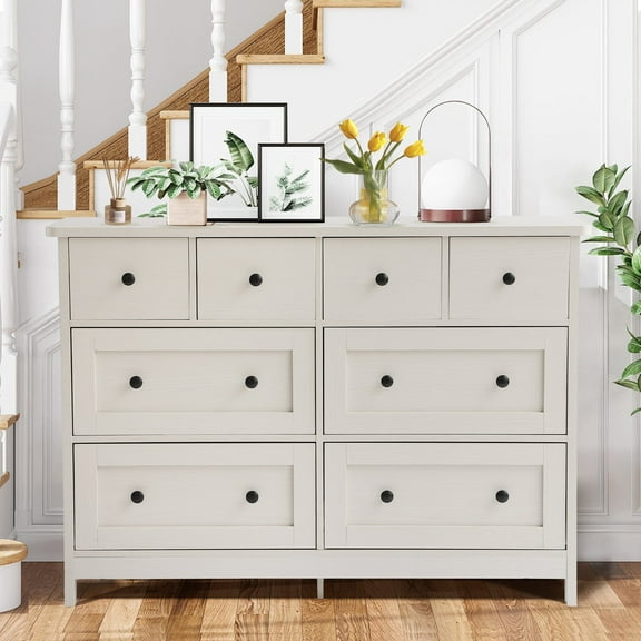 Magic Union Wide 8 Drawer Dresser, 47" White Long Dresser TV Stand with Black Metal Knob and 8 Storage Drawers, Wood Chest of Drawer Organizer Cabinet for Bedroom, Hallway, Living Room