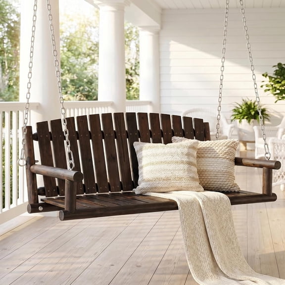 Magic Union Wood Porch Swing, 3-Person Hanging Bench with Heavy-Duty Chains, 900 LBS Outdoor Swing Chair for Patio, Garden, Yard, Front Porch