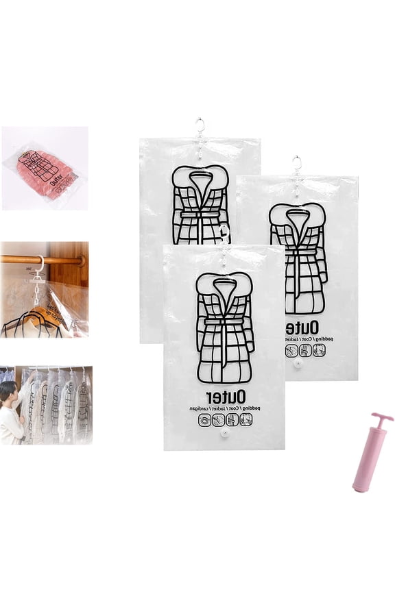 Magic Vacuum Closet Organizer with Pump, Clear Garment Bags for Hanging Clothes, Hanging Compressible Storage Bag, Plastic Garment Bags, Vacuum Storage Bags for Home Closet Organization (5pcs,Large)
