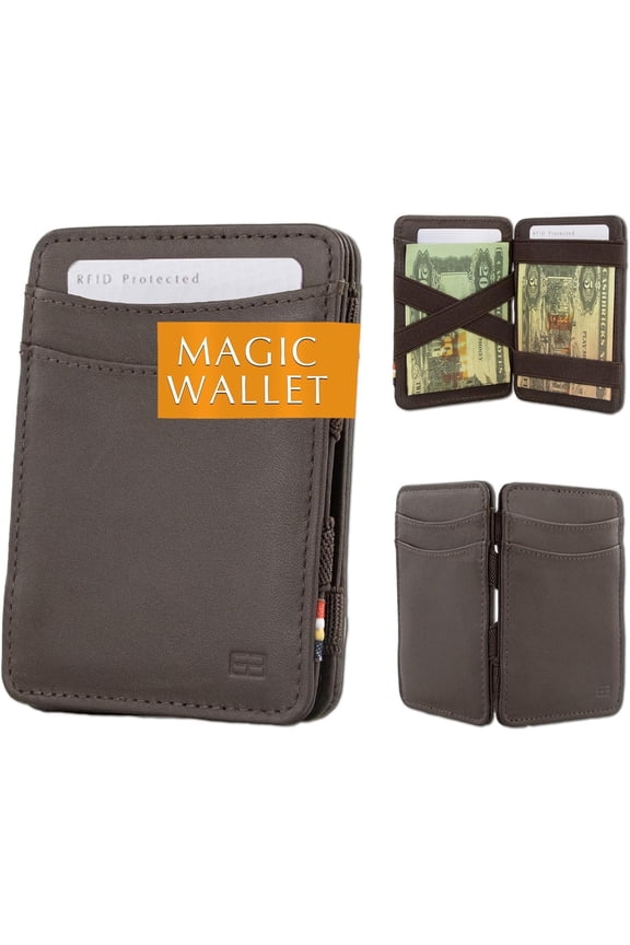 Magic Wallet for Men | Slim Leather Wallet with RFID Blocking | Minimalist Front Pocket Wallet | Holds 8 Cards +  | Handcrafted -Ready Design, Brown