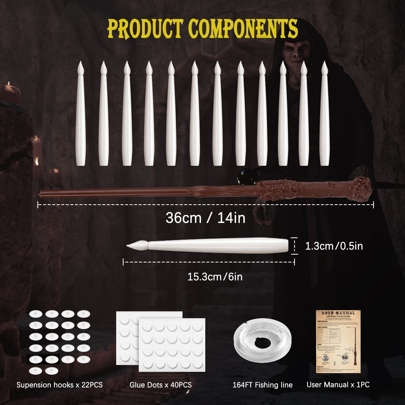 Magic Wand Remote Timer-Controlled Floating Candles Set 12pcs - Flameless, Color-Changing LED Candles with Plastic Taper Design for Magical Proposals, Birthdays, and Halloween Parties