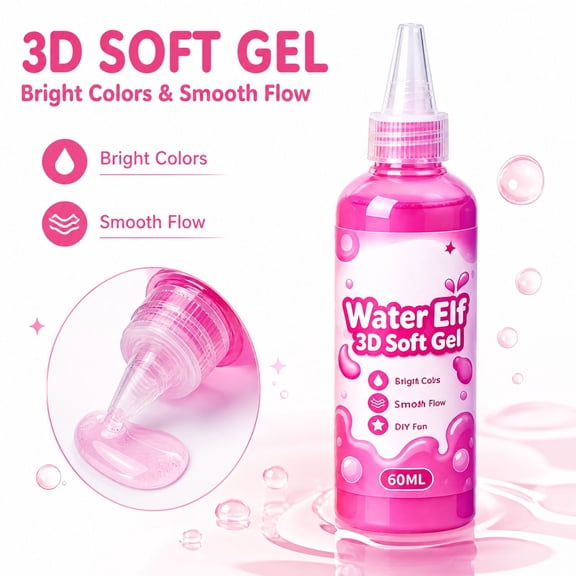 Magic Water Elf 3D Soft Gel with Smooth Flow and Bright Colors, 2 Fl Oz Bottle, Pink, for Kids Arts and Crafts, Diy Toy