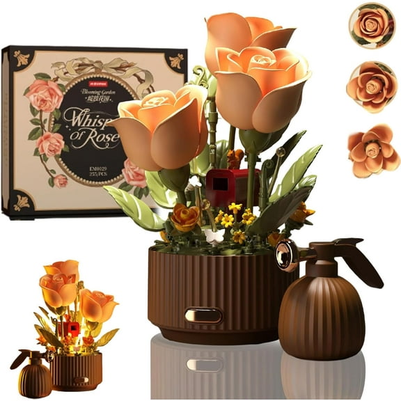 Magic Watering Can Flower Building Block Set, Remote Control Automatic Rose Blooming, Mechanical Flower Kit, includes watering can, lights, and sound effects, for decoration and gifting.