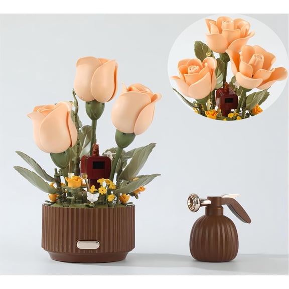 Magic Watering Can Flower Building Blocks Set, Remote Control Automatic Blooming Rose, 255 PCS Botanical Bouquet with Lights & Sound